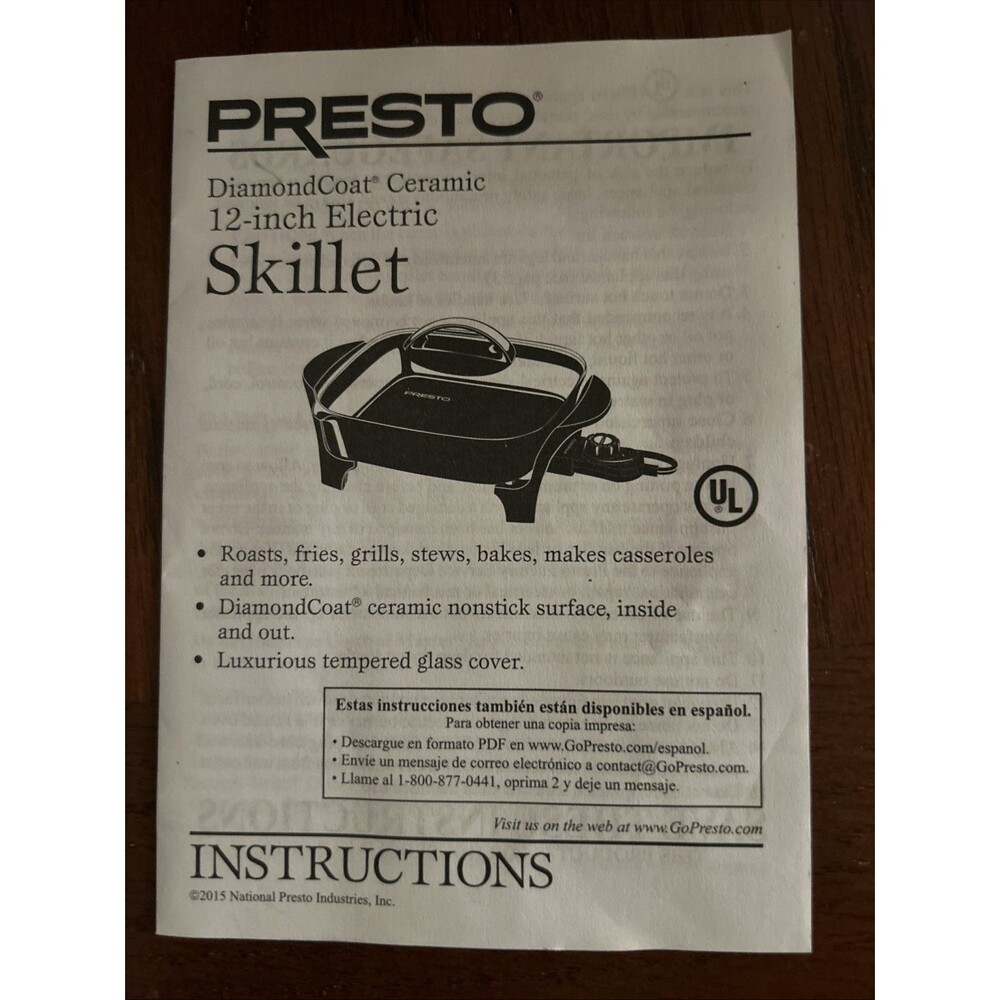 Presto Diamondcoat Ceramic 12 Inch Electric Skillet with Glass Cover NOS 2015